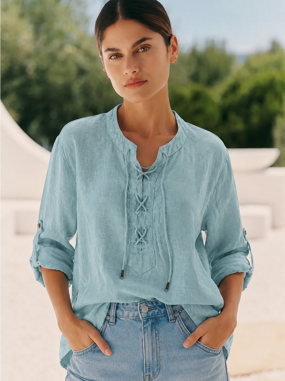 Maeve Anthropologie 100% Linen Lace Up Boho Peasant Top Blue Size 4